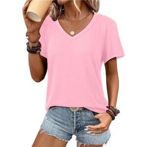 Womens V Neck Short Sleeve Summer T Shirts Curved Hem Plain Top Beach